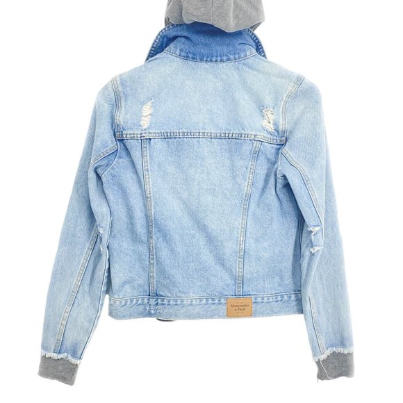 ABERCROMBIE & FITCH NEW YORK Grey Hoodie Distressed Denim Jacket Size S - Picture 7 of 15